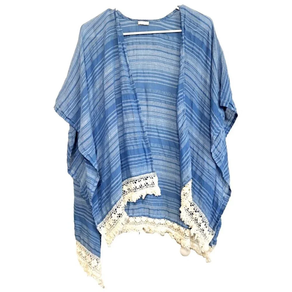 Hollister XS/S Women's Cotton Blue White Stripe Kimono Style Jacket Crochet Lace